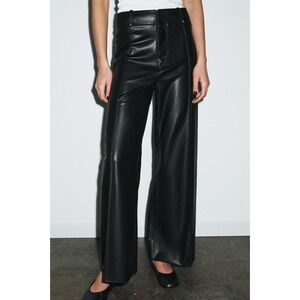 Zara Pants Faux Leather Wide Leg High Rise Patch Pockets 4 Black Women